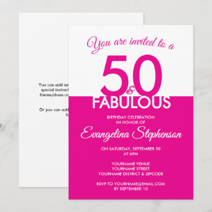 Fifty Fabulous Modern Pink White 50th Birthday  Invitation