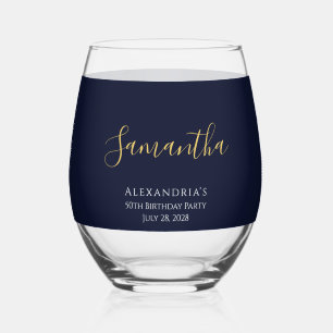 Fifty Fabulous Navy Gold Guest's Name Party Favour Stemless Wine Glass