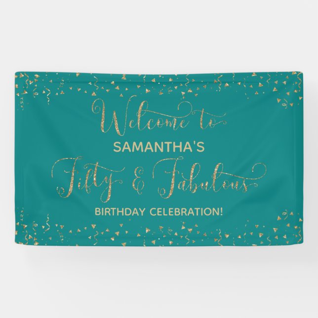 Fifty & Fabulous Party Welcome Gold and Teal 2 Banner (Horizontal)