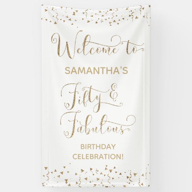 Fifty & Fabulous Party Welcome Gold and White 2 Banner (Vertical)