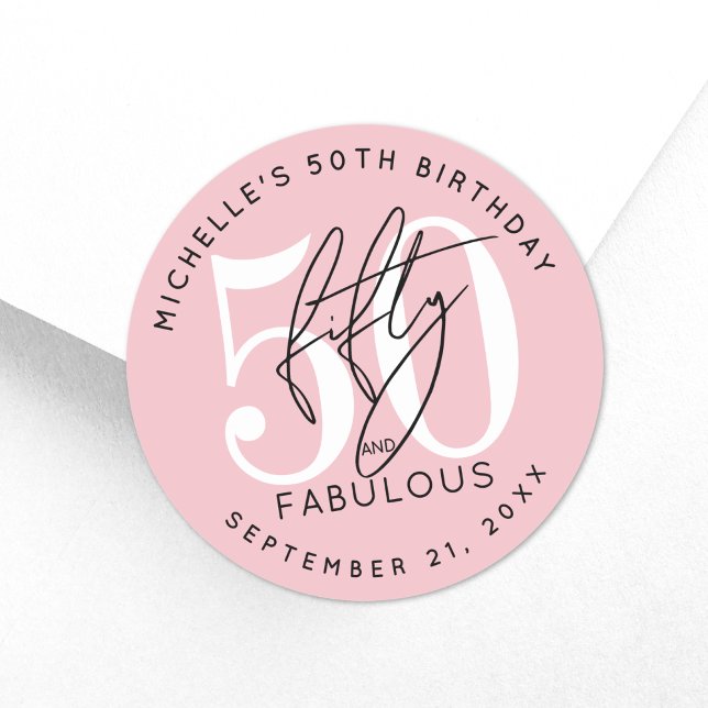 Fifty Fabulous Pink 50th Birthday Party Classic Round Sticker (Fifty Fabulous Pink 50th Birthday Party Classic Round Sticker )