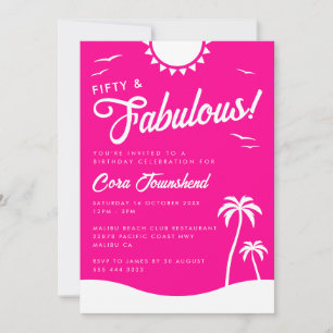 Fifty & Fabulous Pink Beach 50th Birthday Party Invitation