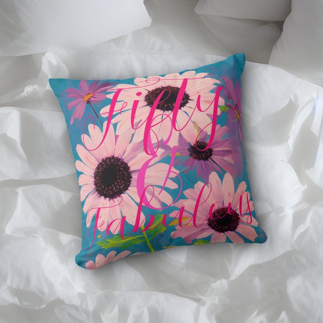 Fifty & Fabulous Pink Daisy on Blue Happy Birthday Cushion (Creator Uploaded)