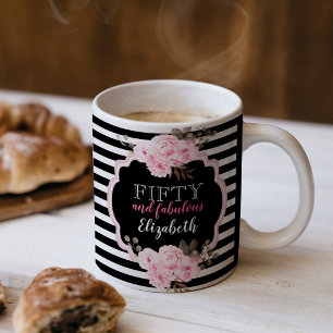 Fifty & Fabulous Pink Floral Striped 50th Birthday Coffee Mug