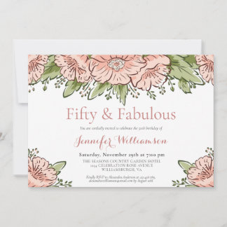Fifty & Fabulous Pink Flowers 50th Birthday Party Invitation