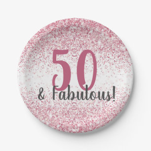 Fifty & Fabulous Pink Glitter Confetti Birthday Paper Plate