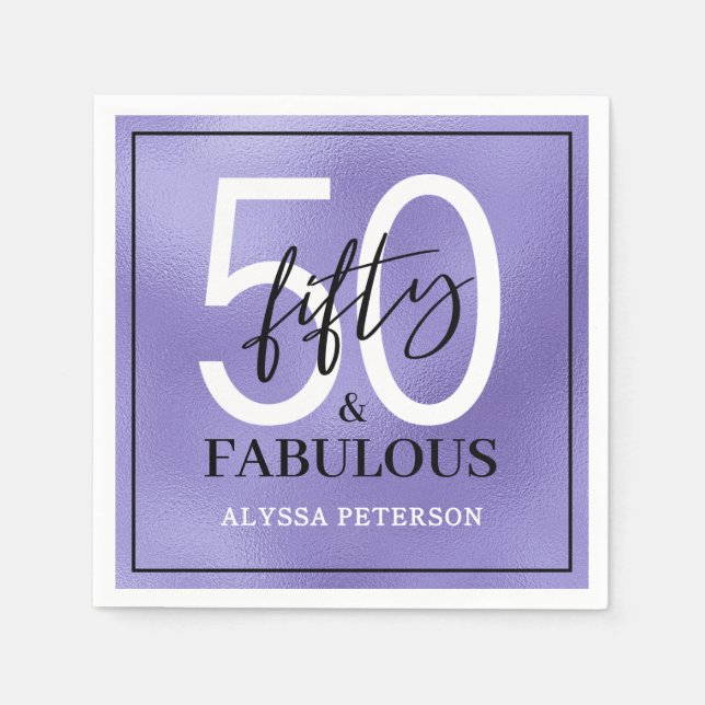 Fifty & Fabulous Purple Script 50th Birthday Napkin (Front)