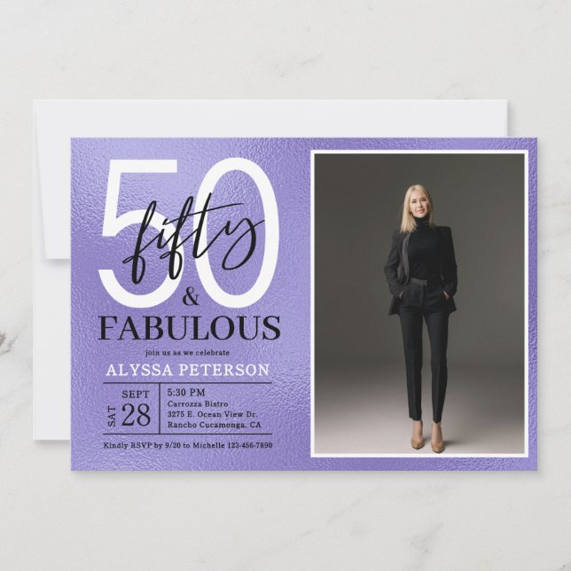Fifty & Fabulous Purple Script 50th Birthday Photo Invitation (Front)