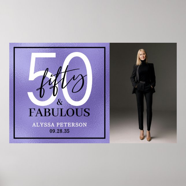 Fifty & Fabulous Purple Script 50th Birthday Photo Poster (Front)