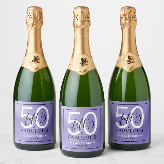 Fifty & Fabulous Purple Script 50th Birthday Sparkling Wine Label (Bottles)