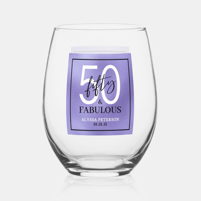 Fifty & Fabulous Purple Script 50th Birthday Stemless Wine Glass (Front)
