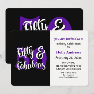 Fifty & Fabulous Purple Typography Birthday Party Invitation