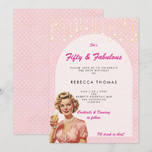 fifty & fabulous retro pink birthday invitation