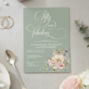 Fifty & Fabulous Sage Green Floral Birthday Invitation
