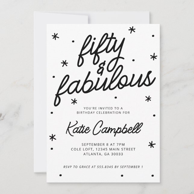 Fifty Fabulous Script Black White 50th Birthday Invitation (Front)