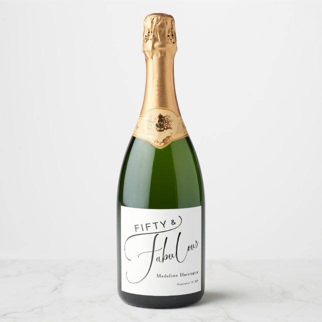 Fifty & Fabulous Script Name Date 50th Birthday  Sparkling Wine Label (Front)