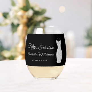 Fifty Fabulous Silver Glitter Dress 50th Birthday Stemless Wine Glass