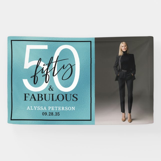 Fifty & Fabulous Teal Script 50th Birthday Photo Banner (Horizontal)