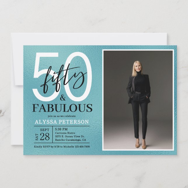 Fifty & Fabulous Teal Script 50th Birthday Photo Invitation (Front)