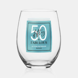 Fifty & Fabulous Teal Script 50th Birthday Stemless Wine Glass