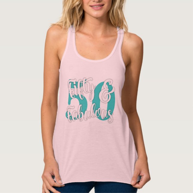 Fifty & Fabulous White and Aqua Typography Singlet (Front)