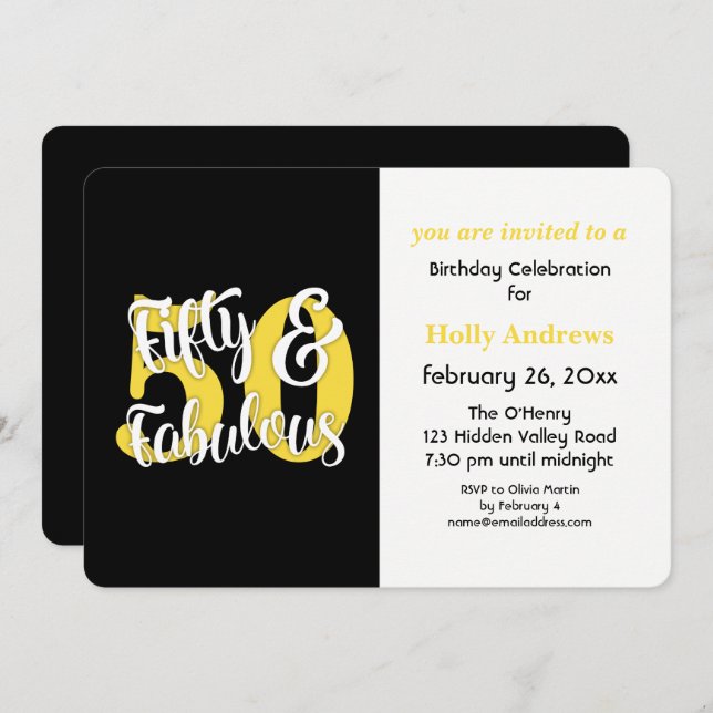 Fifty & Fabulous Yellow Typography Birthday Party Invitation (Front/Back)