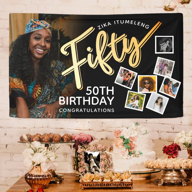 Fifty gold 50th Birthday photos on black Banner (Creator Uploaded)