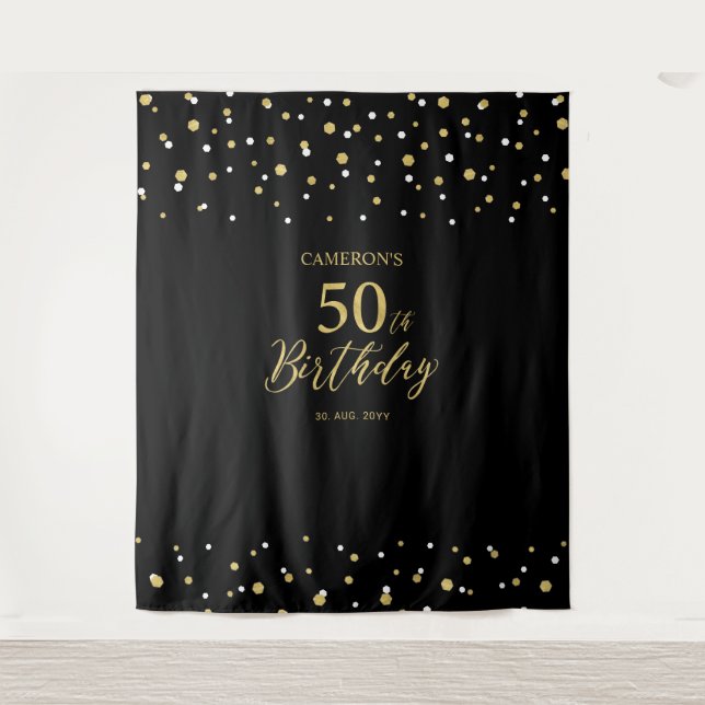Fifty | Gold & Black 50th Birthday Party Backdrop Tapestry (Front)