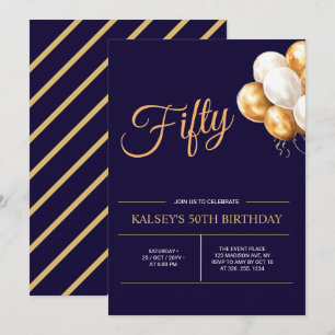 Fifty   Gold & Blue Modern 50th Birthday Party  Invitation