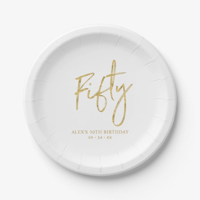 Fifty Gold Lettering 50th birthday Paper Plates (Front)