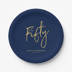 Fifty   Gold & Navy Blue Lettering 50th Birthday Paper Plate