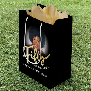 Fifty gold script and custom photo 50th birthday medium gift bag