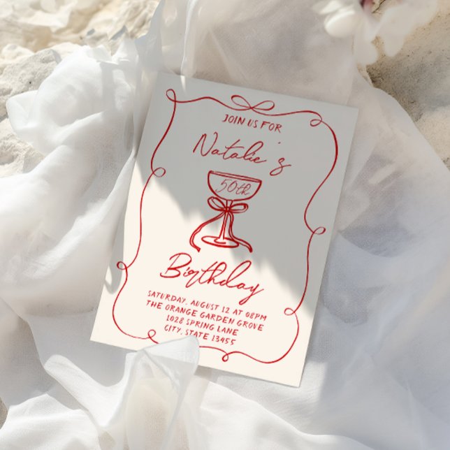 Fifty Hand Drawn Red Bow Martini 50th Birthday Invitation (Creator Uploaded)