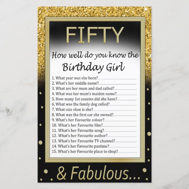 Fifty How well do you know the birthday girl (Front)