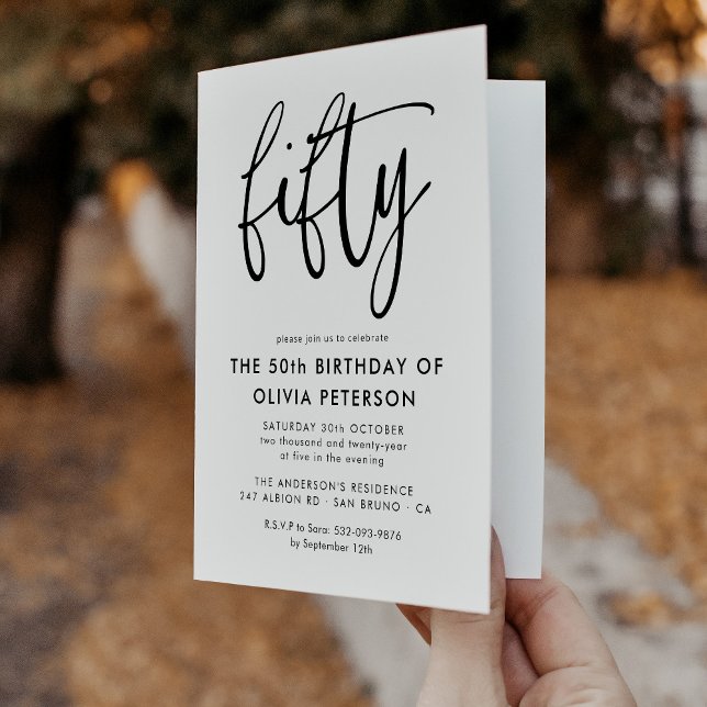 Fifty | Modern 50th Black & White Birthday Folded Invitation (Creator Uploaded)