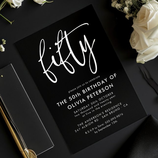 Fifty | Modern 50th White on Black Birthday Party Invitation (Creator Uploaded)