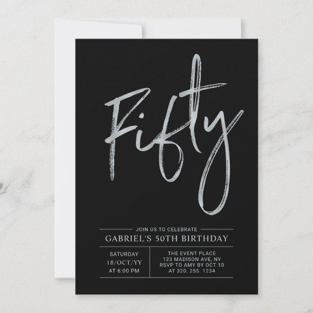 Fifty | Modern Black & Silver 50th Birthday Party Invitation (Front)