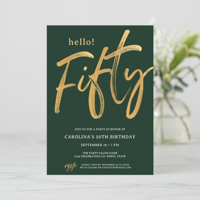 Fifty Modern Gold 50th Birthday Party Invitation (Standing Front)