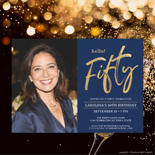 Fifty Modern Gold Blue 50th Birthday Party Invitation
