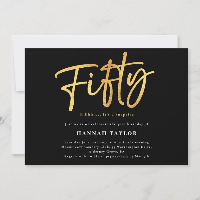 Fifty Modern Simple Black Gold 50th Birthday Invitation (Front)