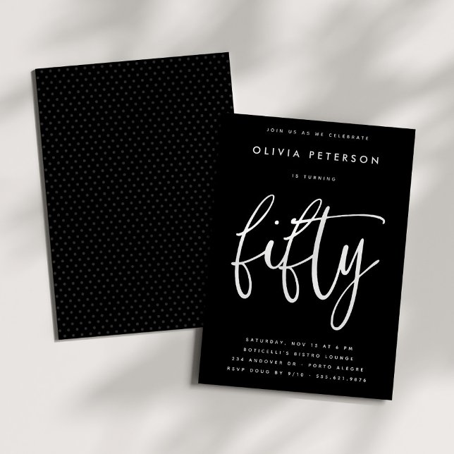 Fifty | Modern White on Black 50th Birthday Party Invitation (Creator Uploaded)