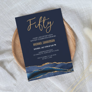 Fifty Navy Blue Gold Agate Men's 50th Birthday Invitation