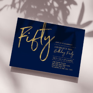 Fifty Navy & Gold Modern 50th Birthday Party Invitation