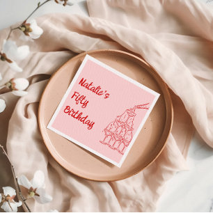 Fifty Pink Hand Drawn Champagne Tower Birthday  Napkin