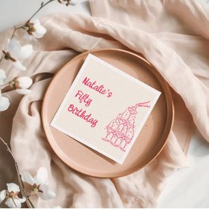 Fifty Pink Hand Drawn Champagne Tower Birthday Napkin