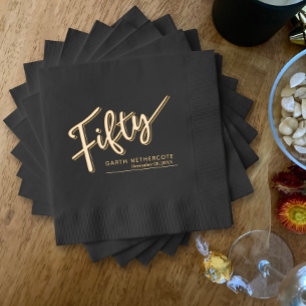 Fifty script text 50th Birthday custom name date Foil Napkins