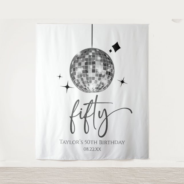 Fifty Silver Disco Ball 50th Birthday Party Tapestry (Front)
