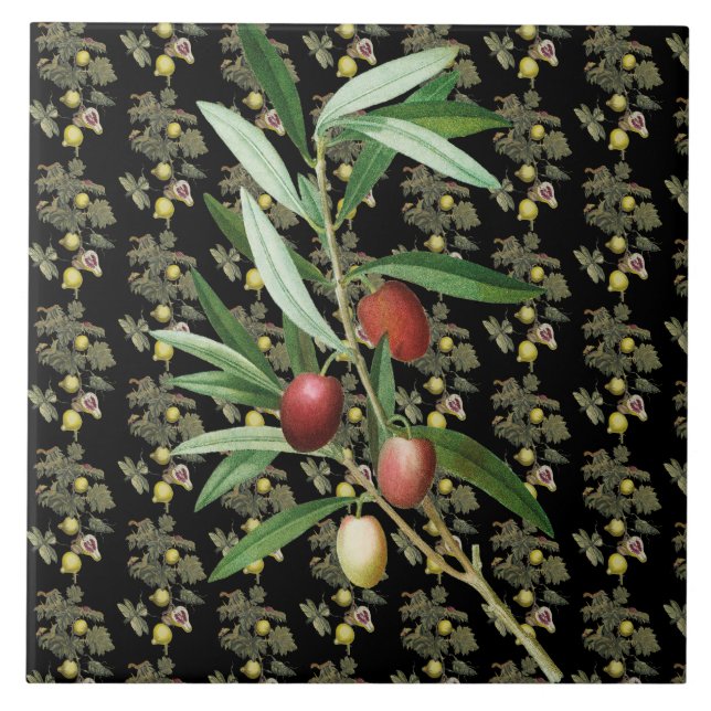 Fig Leaf and Olive Branch Botanic Black Rustic Tile (Front)