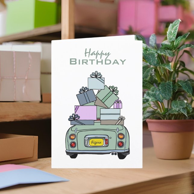 Figarations Green Figaro Car Happy Birthday Card (A cute green figaro birthday card you can send to your car or your friends)