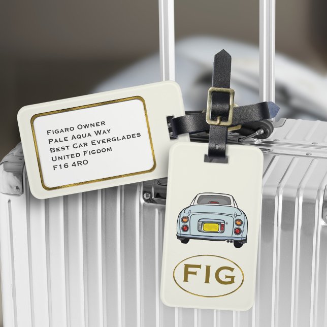 Figarations Monogram Pale Aqua Figaro Luggage Tag (Fun blue figgy luggage tag for your road trip adventures. Just add your initials & address details)